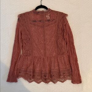 Elegant Lace Long Sleeve Top - Rust